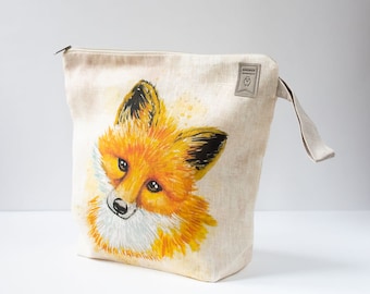 Project Bag with zipper. Fox print. Work in progress. WIP bag