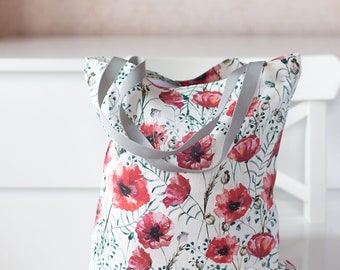 Linen Market Bag. Size: 13" x13". Summer Flowers collection. Poppy pattern