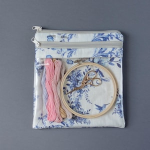 Op de afbeelding: Een witte stoffen tas met een blauw bloemenpatroon en een transparant plastic venster. De tas heeft twee ritsen en bevat borduurgaren, een houten borduurring en een klein schaartje.