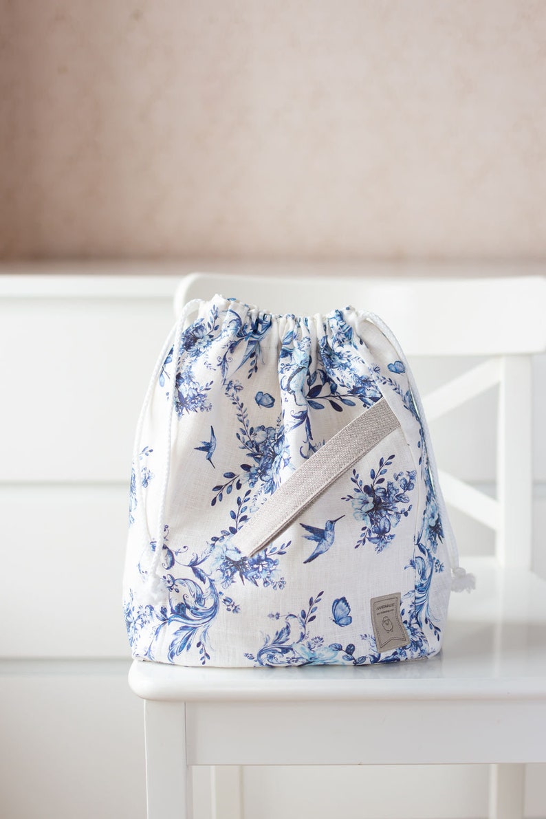 Project Bag. Drawstring Knitting Project Bag with Toile de jouy print. image 1