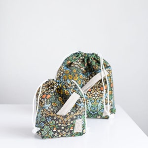 William Morris. Blackthorn. Linen project bag, Knitting needle holder, Knitting Project Bag. Drawstring. Size Large. image 3