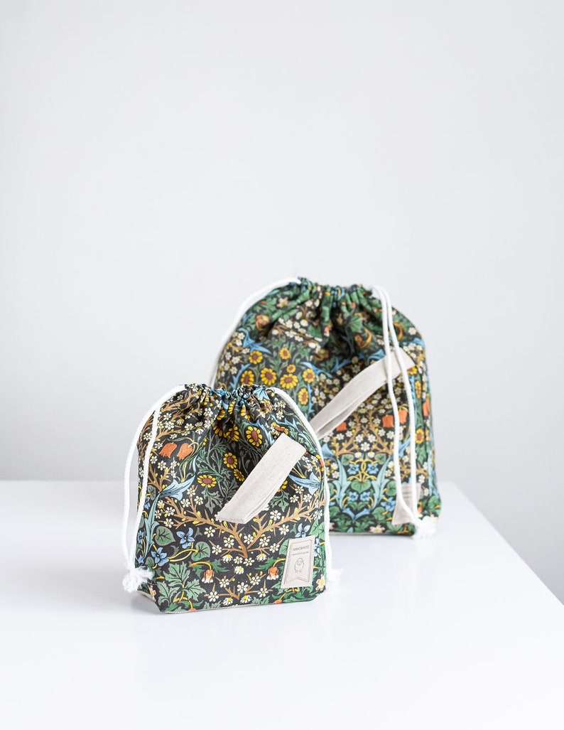 William Morris. Blackthorn. Linen project bag, Knitting needle holder, Knitting Project Bag. Drawstring. Size Large. image 3