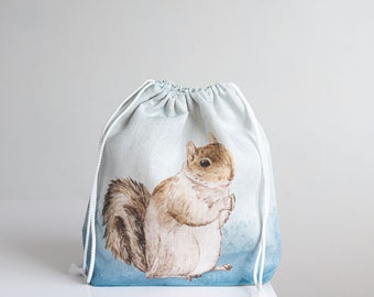 Small WIP Project Bag with Knitter with Squirrel print and blue background