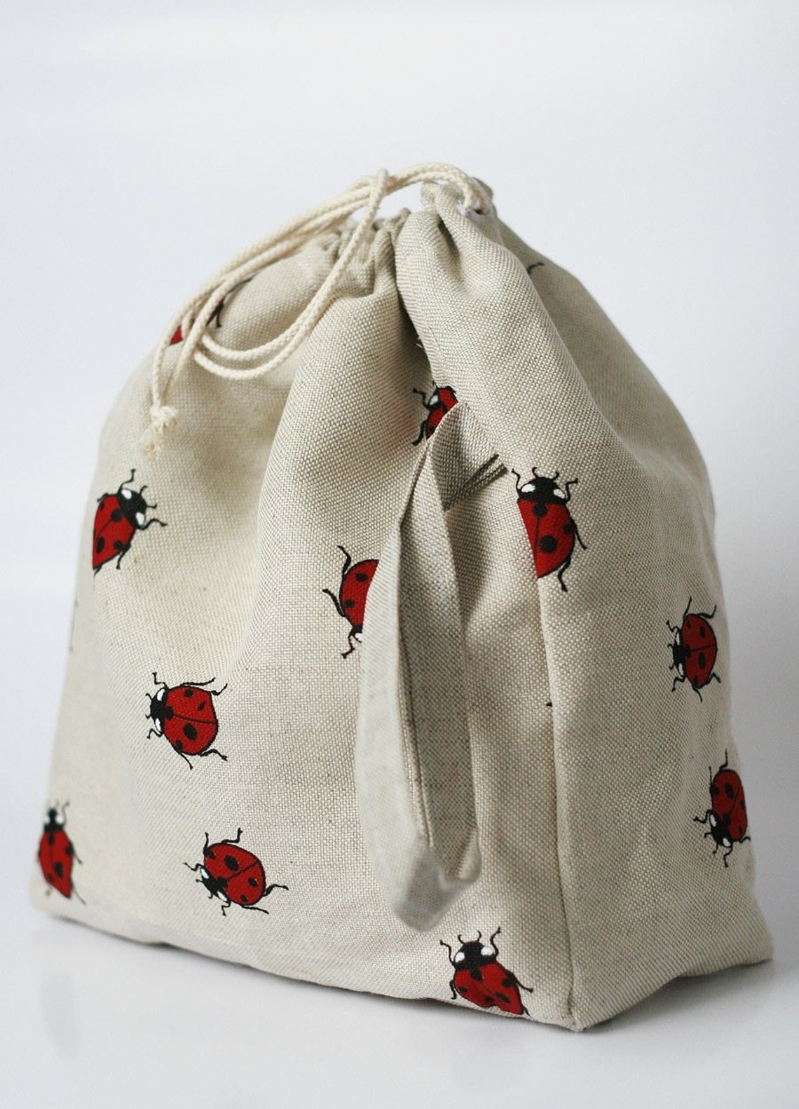 Drawstring bag. Large Knitting Project Bag. Ladybug. Etsy
