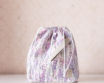 Lavender Large Drawstring Knitting Project Bag. Large. Summer Flowers collection. Special KnitterBag design.