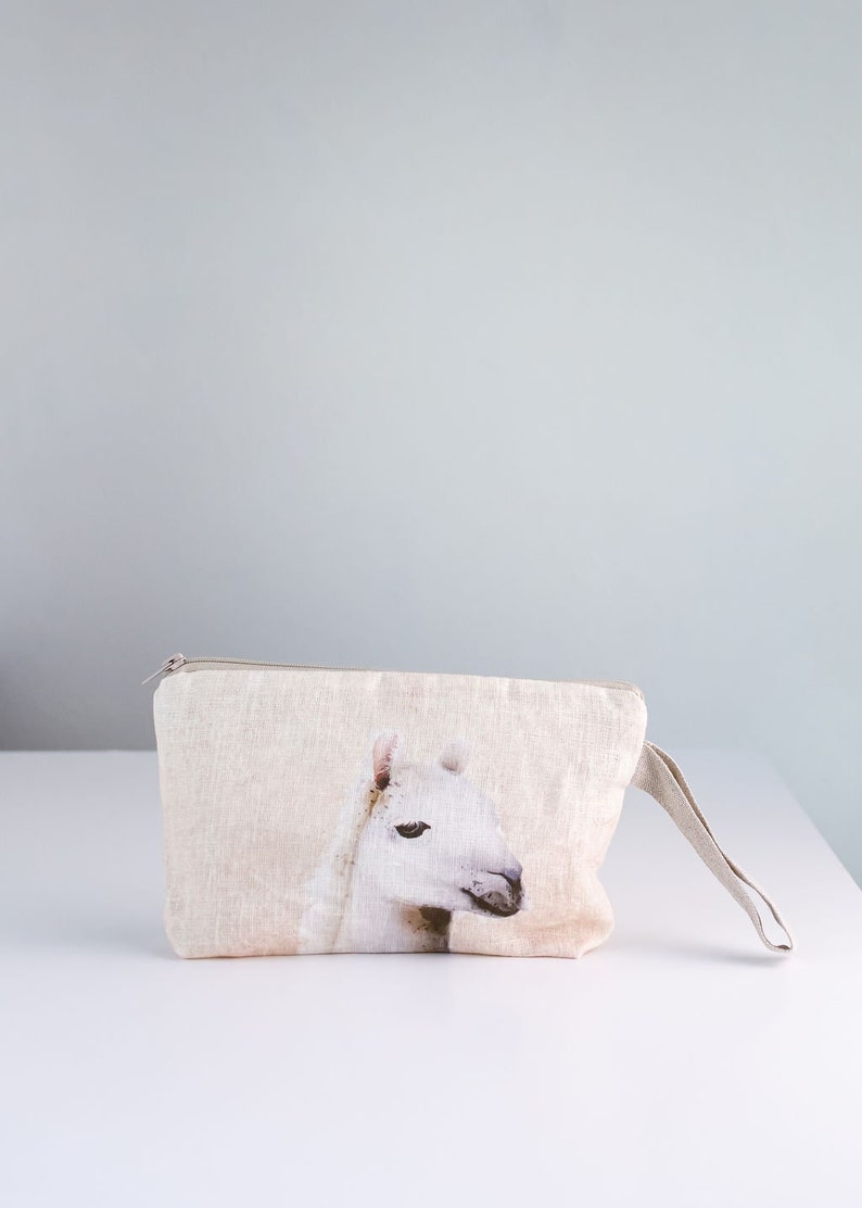 Wristlet pouch Alpaca print fabric Natural linen image 1