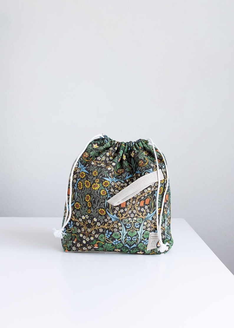 William Morris. Blackthorn. Linen project bag, Knitting needle holder, Knitting Project Bag. Drawstring. Size Large. image 1