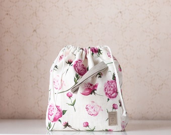 Drawstring Knitting Project Bag. Large. Summer Flowers collection. Special KnitterBag design. Peony