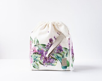 Drawstring Knitting Project Bag. Large. Lilac Flowers collection. Special KnitterBag design.