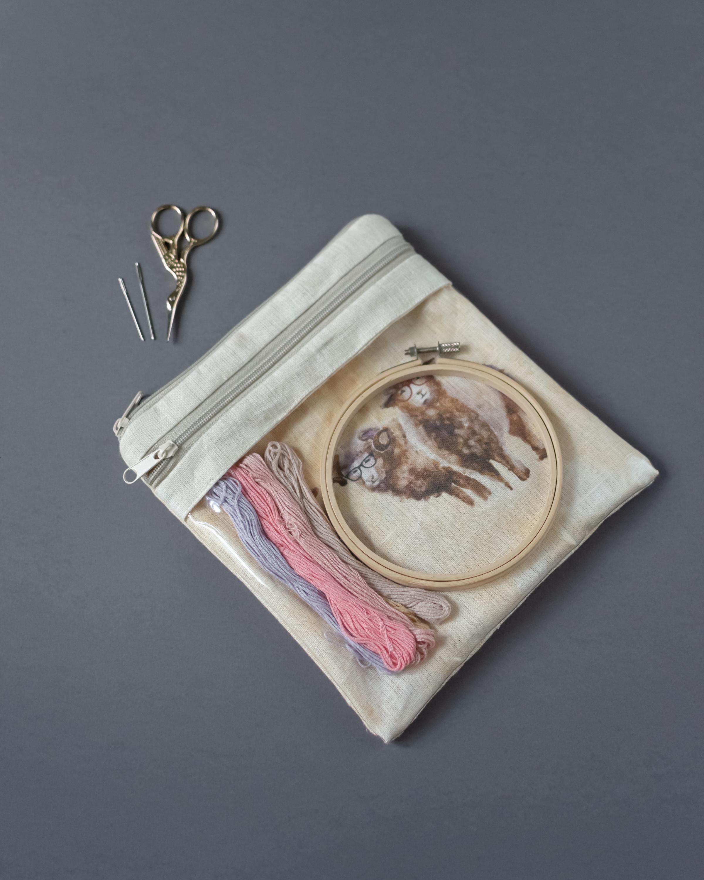 Project bag for Embroidery projects. Stitch Project Case Storage Travel Hand Sewing Projects. Sheep pattern bag, Sizes 13x11 or 8x9inches