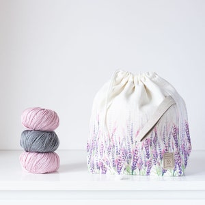 Drawstring Knitting Project Bag. Large. Summer Flowers collection. Special KnitterBag design. Lavender