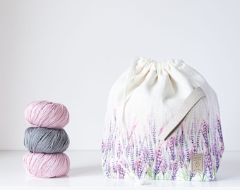 Drawstring Knitting Project Bag. Large. Summer Flowers collection. Special KnitterBag design. Lavender