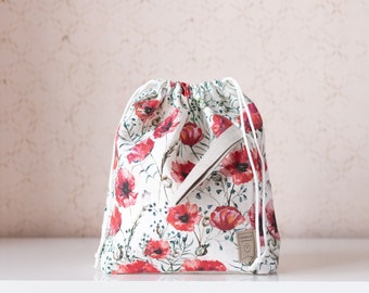 Poppy Large Drawstring Knitting Project Bag. Summer Flowers collection. Special KnitterBag design.