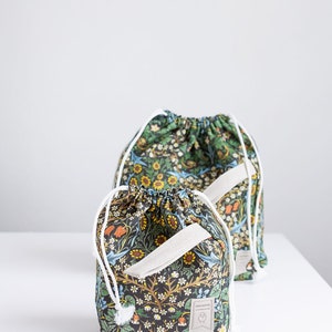 William Morris. Blackthorn. Linen project bag, Knitting needle holder, Knitting Project Bag. Drawstring. Size Large. image 2