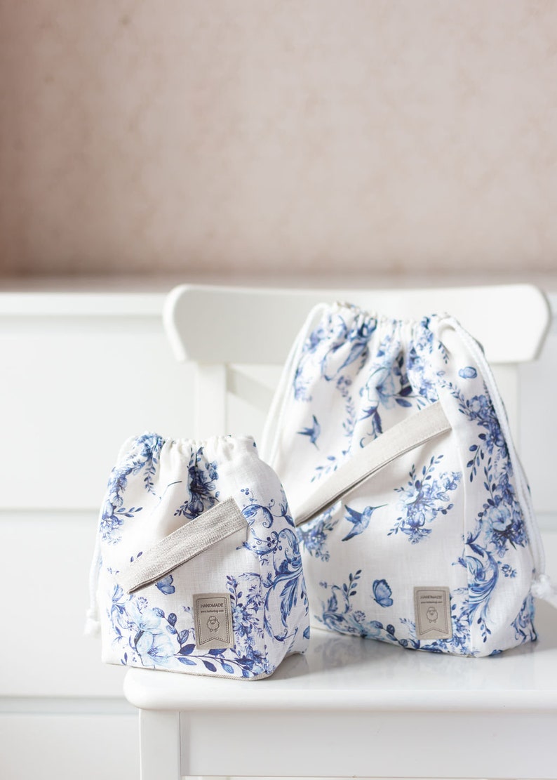 Project Bag. Drawstring Knitting Project Bag with Toile de jouy print. image 3