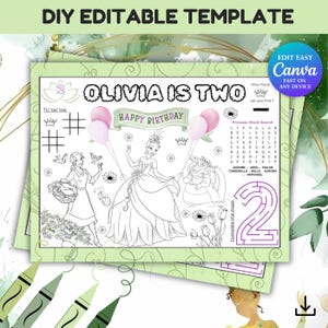Editable Tian Disney Princess Party Favor Activity Sheet | Printable Princess Coloring Book Pages & Party Placemat | Digital Download