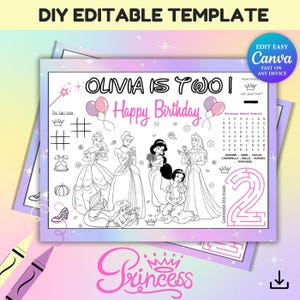 Editable Disney Princess Activity Sheet | Printable Party Placemat & Coloring Pages | Instant Download Party Favor for Girls Birthday Canva