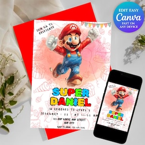 Mario Bros Geburtstagskind einladen | Mario Geburtstagseinladung | Mario Geburtstagsparty Mottokarte | Digital einladen | Kinder Geburtstagseinladung 13x18