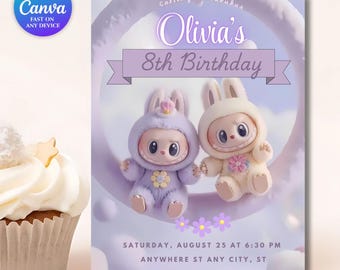 Editable Cloud Labubu Birthday Invitation Canva Template Aesthetic Cute Monster Digital Invite Instant Download Printable Kawai Party Invite