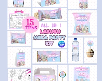Labubu Party Decoration Bundle, Birthday Party Invite, Editable Birthday , Labubu Girl Boy Birthday Decor, Digital Download Canva| MEGA KIT