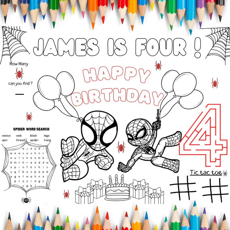 Editable Spiderman Birthday Coloring Placemat|personalized Spiderman ...
