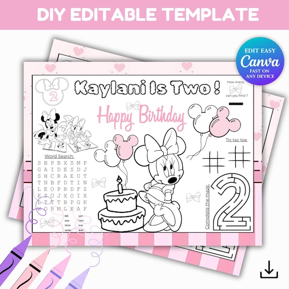 Editable Minnie Mouse Pink Bow Activity Placemat | Printable Minnie Mouse Coloring Sheet | Kids Birthday Party Activity Sheet | Digital File