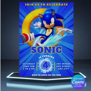 Faire-part 3 anniversaire Sonic Super hérisson Party Boy 5e anniversaire, invitation soirée à thème Sonic, invitation anniversaire Knuckle, modèle Sonic S03