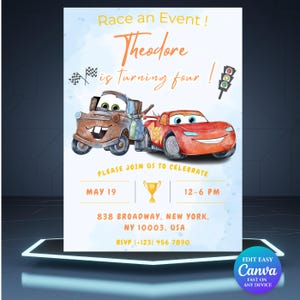 Editable Cars Birthday Invitation | Lightning McQueen Kids Birthday Invite | Personalized Digital Invitation | Printable Canva Template