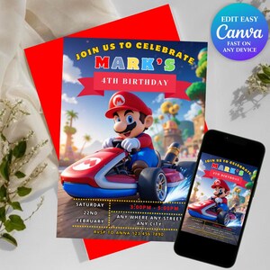 Invitation modifiable de Mario Bros, faire-part d'anniversaire Super Mario, invitations de fête d'anniversaire imprimables, modèle d'invitation de fête d'anniversaire numérique