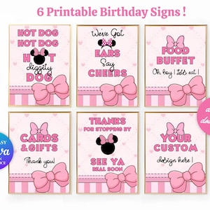 May include: Six printable birthday signs with a pink and gold theme. Each sign features a Minnie Mouse bow and text such as "Hot Dog," "Food Buffet," and "Cards & Gifts." The signs are designed for easy editing on Canva.