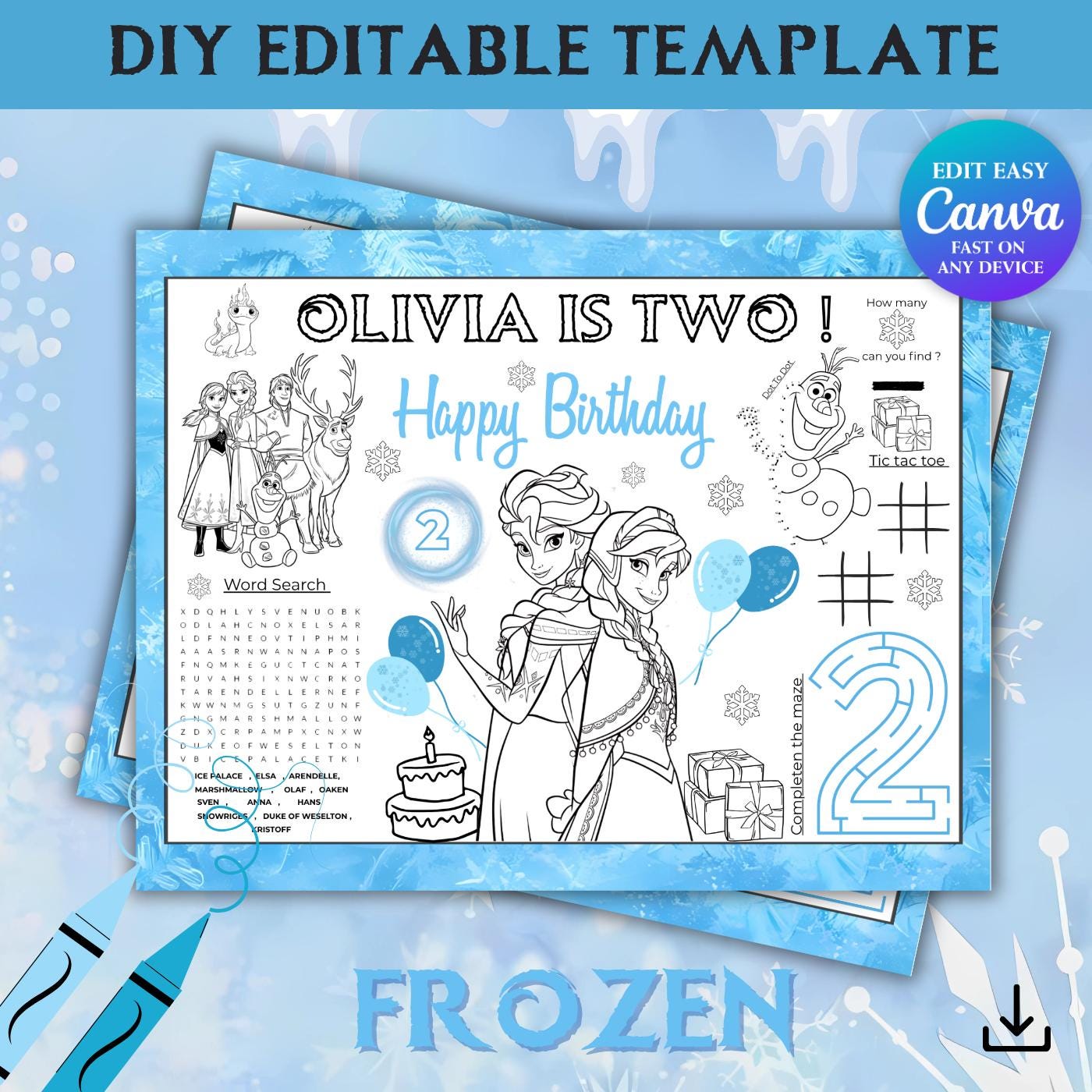 Frozen Elsa & Anna Birthday Coloring Placemat |personalized Frozen
