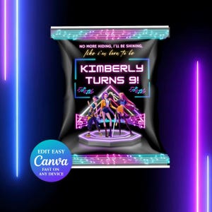 Bewerkbare K-Pop Demon Hunters-chipzakjesjabloon | Kpop-snackverpakking | Anime-feestgunsten | Demon Hunters Huntrix-verjaardagsbenodigdheden DH0
