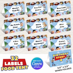 32 Toy Story Geburtstagsparty Essen Label Namensschild Tisch Zelte druckbare digitale Sofort-Download DIY Tischkarten 2 in 1 sofort und bearbeitbar