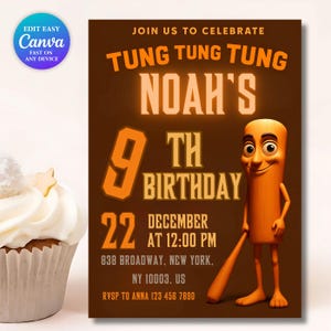 Editable Tung Tung Sahur Invitation | Printable TikTok Meme Birthday Invite |Funny Shark Brainrot Party Invitation | Brainrot Birthday Party