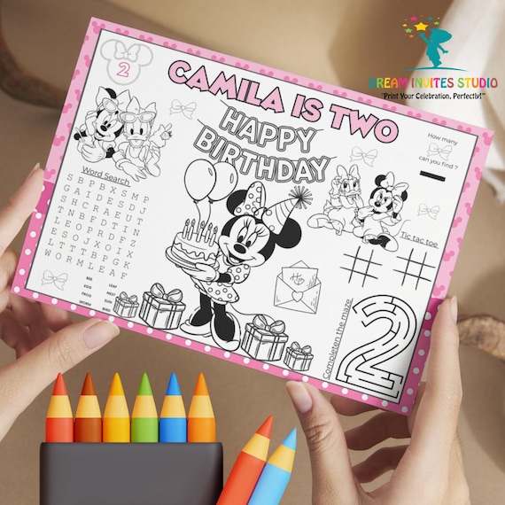 Editable Minnie Mouse Pink Bow Activity Placemat | Printable Minnie Mouse Coloring Sheet | Kids Birthday Party Activity Sheet | Digital File
