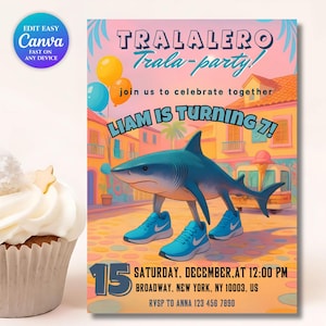 Editable Tralalelo Tralala Italian Brainrot Meme Birthday Invitation | Funny Shark Brainrot Party Humor Invite | Printable Canva Template