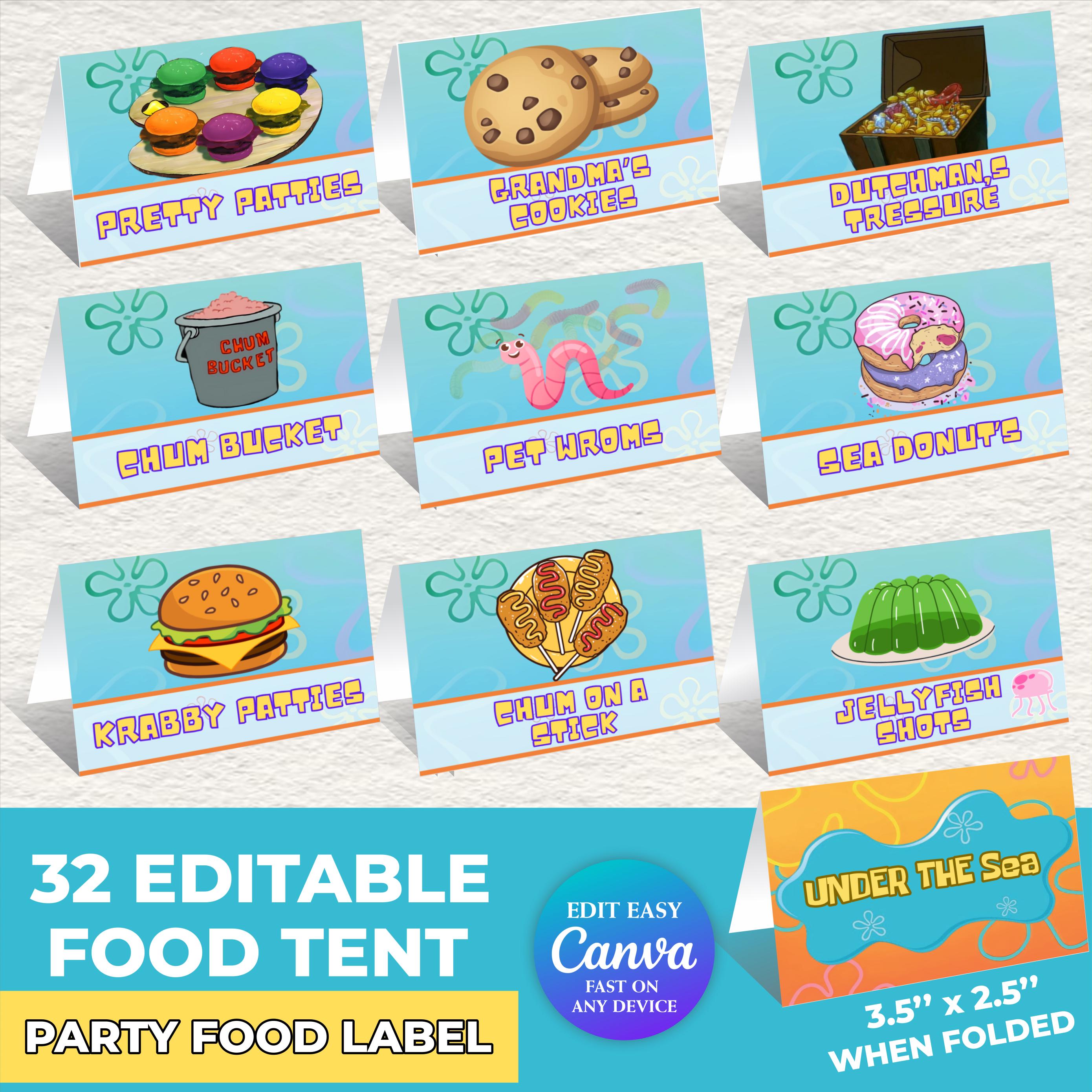 Editable Under the Sea Food Tent Labels | 32 Cartoon Birthday Party Food Tent Template |Printable Birthday Decorations | Canva DIY | Instant