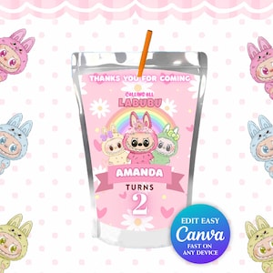 Editable Labubu CAPRISUN Canva Template | Printable Party Favor | Labubu Party Decoration Bundle for Girl & Boy | Instant Download DIY CANVA