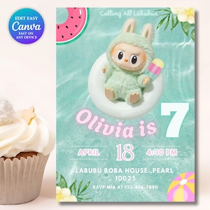 Labubu Pool Party Birthday Invitation |Editable Kawai Monster Invite Template Canva |Trendy Labubu Summer Birthday Download |Instant Digital
