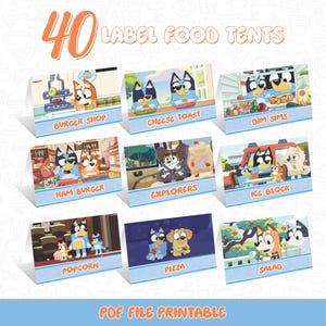 Lot de 40 étiquettes de nourriture pour table de bingo, tente de table, décoration de fête, table d'anniversaire, table d'anniversaire, déco alimentaire, étiquette bleue