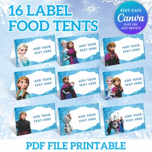 Etiqueta de comida para festa Frozen, barracas de comida para festa Frozen, cartões de lugar Frozen, suprimentos para festa temática Frozen, download instantâneo de aniversário Frozen FR021
