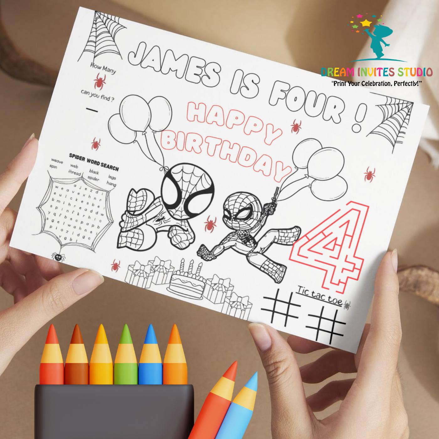 Editable Spiderman Birthday Coloring Placemat | Personalized Spiderman ...