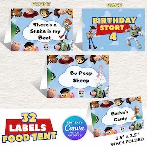32 Toy Story-etiketter och namnetiketter för födelsedagskalas | Redigerbara bordstält | Utskrivbara gör-det-själv-placeringskort | Ladda ner 2-i-1 digital fil direkt