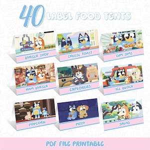 Lot de 40 marque-places de fête pour chien bleu tente de nourriture pour chien bleu, décoration de fête pour tente, étiquette de nourriture pour table d'anniversaire, décoration bleue, paquet d'étiquettes de nourriture pour chien
