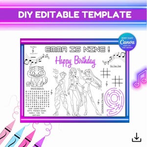 Trendy Editable K-Pop Demon Hunters Activity Placemat | Printable Huntrix Birthday Party Activity Sheet | Kpop Anime Party Games Template