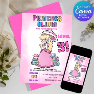 Prinzessin Pfirsich Einladung Super Mario Prinzessin Geburtstag einladen Sofortiger Download Pfirsich Party-Einladung Canva Vorlage Sofort heruntergeladen