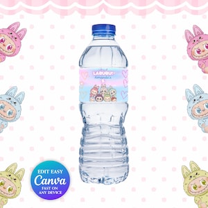 Editable Labubu WATER BOTTLE Canva Template | Printable Party Favor | Labubu Party Decoration Bundle for Girl & Boy | Instant Download DIY