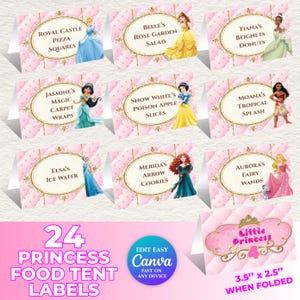 Étiquette de nourriture de fête de princesse, tentes de nourriture de fête de princesse, marque-places princesses, articles de fête à thème princesse, 24 modèles, téléchargement immédiat