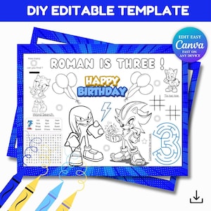 Editable Sonic Birthday Activity Placemat | Personalized Sonic Party Activity Sheet | Kids Birthday Party Table Page | Printable DIY