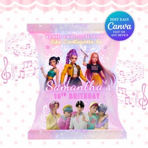 Limited Pastel K-Pop Demon Hunters Chip Bag-sjabloon | Kpop-snackverpakking | Anime-feestgunsten | Verjaardagsbenodigdheden Demon Hunters Huntrix